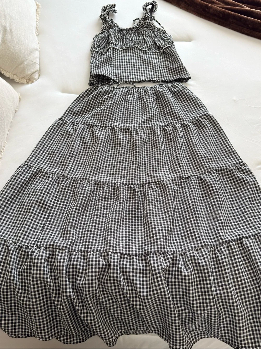 Black & White Gingham Ruffle Cami and Maxi Skirt Set - Women Size M